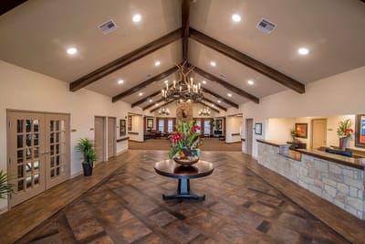 Interior view of a common area with high ceilings