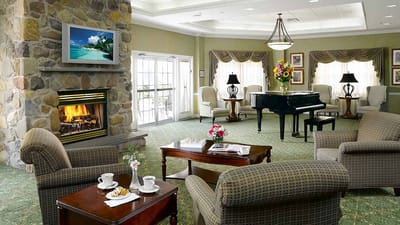 Interior common area with seating and fireplace