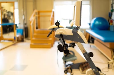 Physical therapy equipment in a bright rehab room