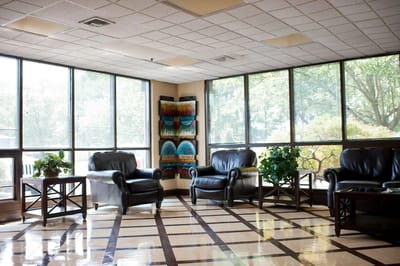 Bright and inviting common area with seating