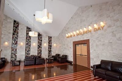 Bright common area with seating and welcoming decor