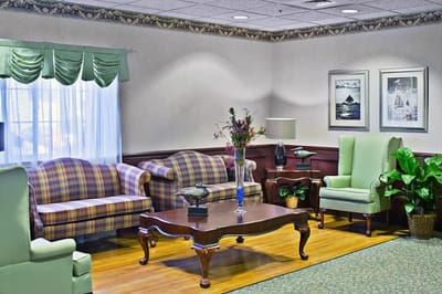 Interior lobby area with seating and plants