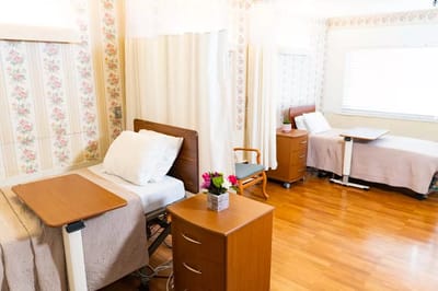 Inside view of a resident room with two beds