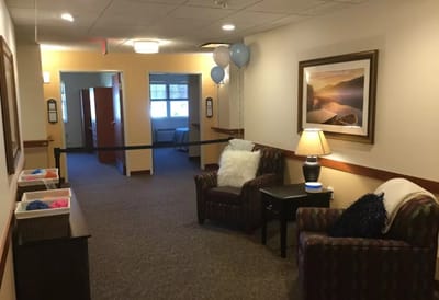 Interior hallway with seating and decorations