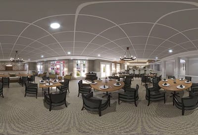 Dining room setup with tables and chairs for residents
