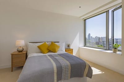 Bright, modern bedroom with city view