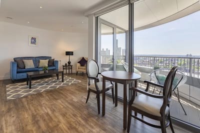 Modern interior of a living space with seating area