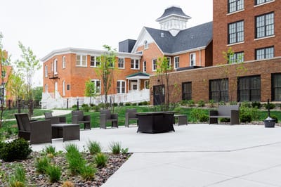 Outdoor seating area with garden landscaping