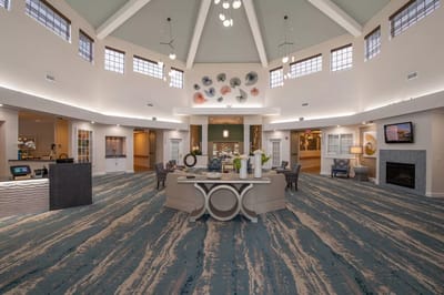 Bright and welcoming lobby of a senior living facility