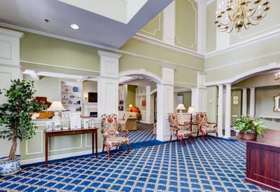 Interior lobby with seating and decorative elements