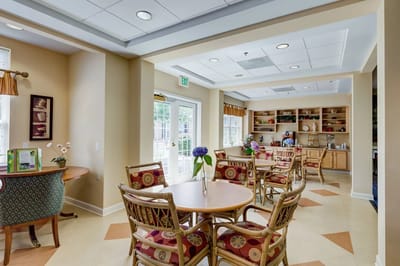 Bright common area with seating and decor