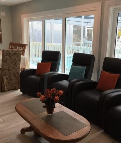 Comfortable seating area with a view of the pool