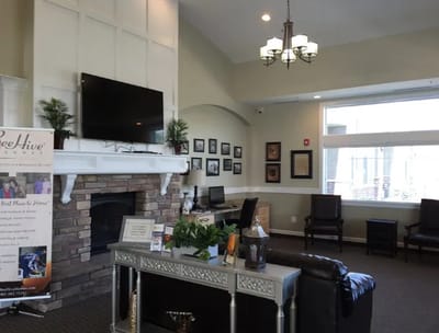 Bright common area with seating and decor