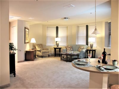 Cozy interior of a resident's living room with seating area
