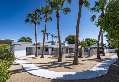 Outdoor courtyard with palm trees and a path