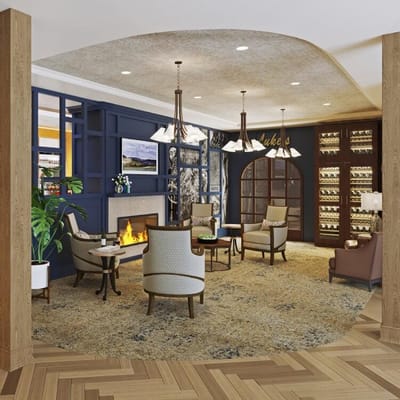 Stylish common area with seating and fireplace