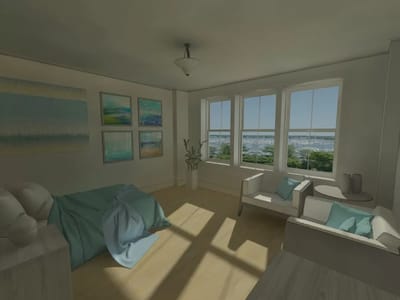 Bright private bedroom with a view of the bay