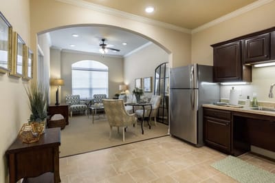 Bright, inviting common area of a senior living facility