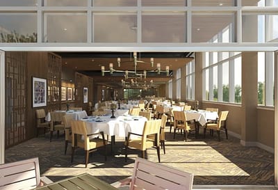 Dining room with tables set for residents