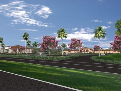 Outdoor view of a senior living facility with gardens