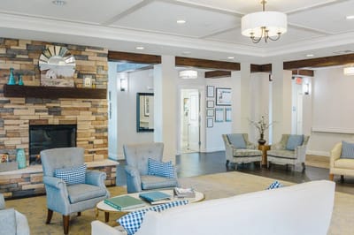 Interior view of a cozy common area with seating