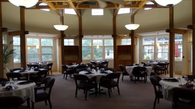 Bright dining room with neatly arranged tables