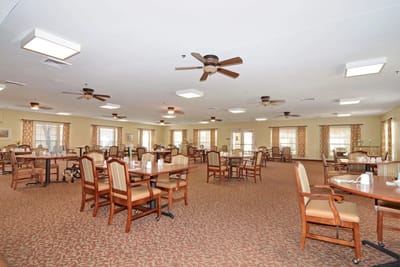 Bright and spacious dining room with tables and decorated windows