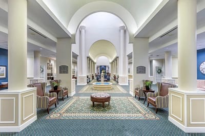 Bright and spacious common area with seating