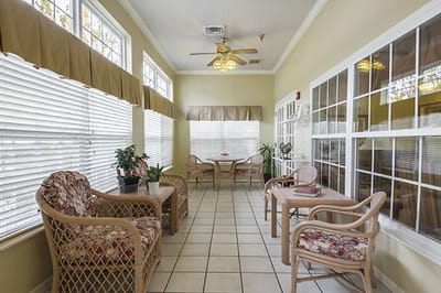 Bright common area with seating and natural light