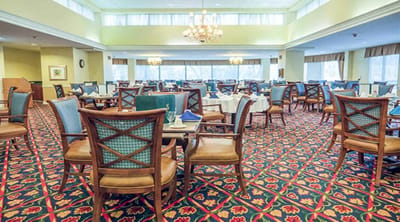 Dining room with colorful carpet and seating