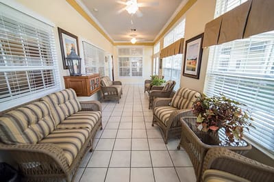 Bright interior seating area with comfortable chairs
