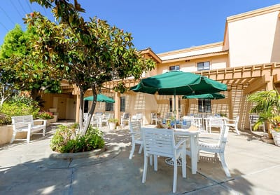Outdoor seating area with tables and umbrellas