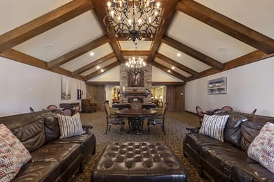 Interior view of a cozy common area with seating