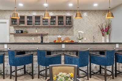 Interior view of a dining area with a bar setup