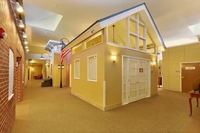 Interior view of a decorated common area hallway