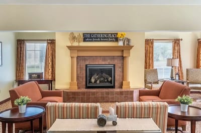 Cozy common area with comfortable seating and fireplace