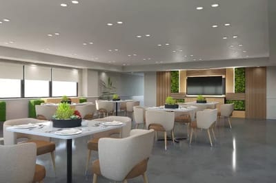 Modern dining room with tables and plants