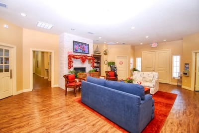 Common area with seating and decorations for celebration