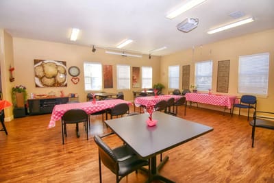 Bright dining room with festive table settings