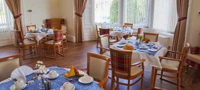 Dining area set with tables and tea service
