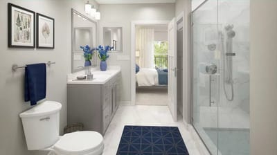 Modern bathroom design with floral decor and natural light