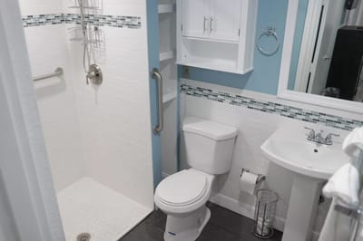 A clean, well-designed bathroom in a senior living facility