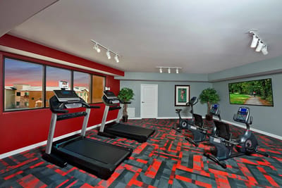 Fitness room with exercise equipment and large windows