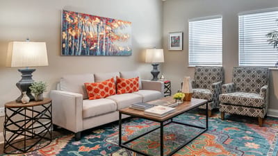 Cozy living room with colorful decor and furniture