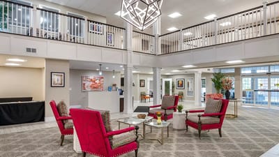 Bright common area with seating and decor