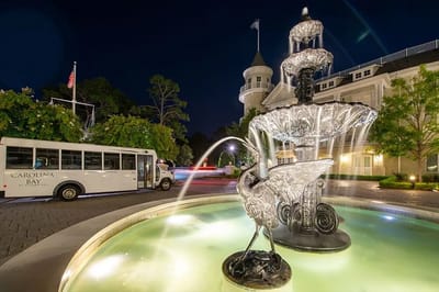 Exterior view of Carolina Bay's fountain and shuttle bus