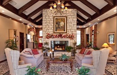 Cozy common area with comfortable seating and fireplace