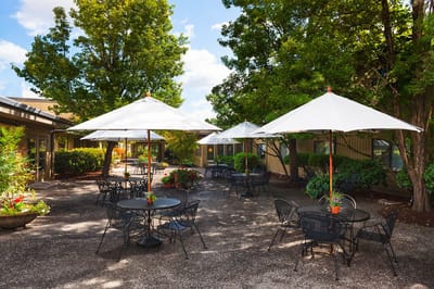 Outdoor patio area with tables and umbrellas