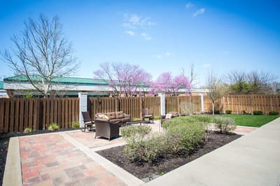 Outdoor patio area with seating and blooming trees