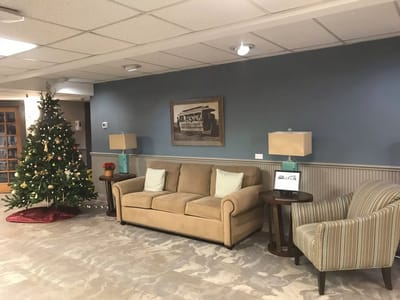 Cozy lounge area decorated for the holidays